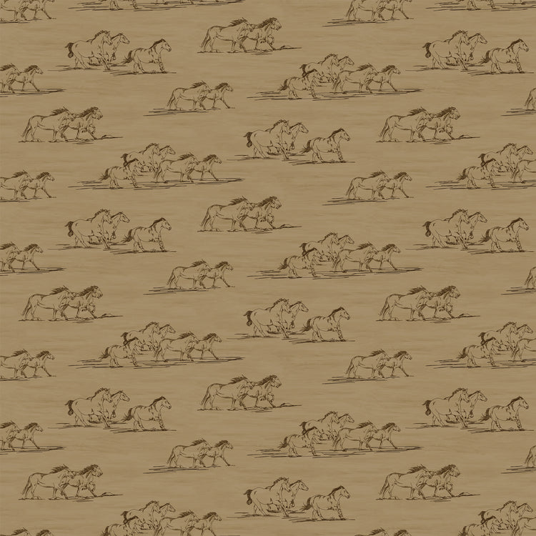Horse Toile Tan fabric with brown line drawings of running horses on a sandy tan background.