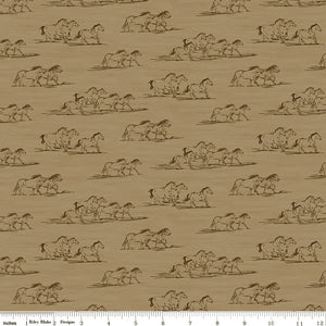 Horse Toile Tan fabric with brown line drawings of running horses on a sandy tan background with ruler for scale.