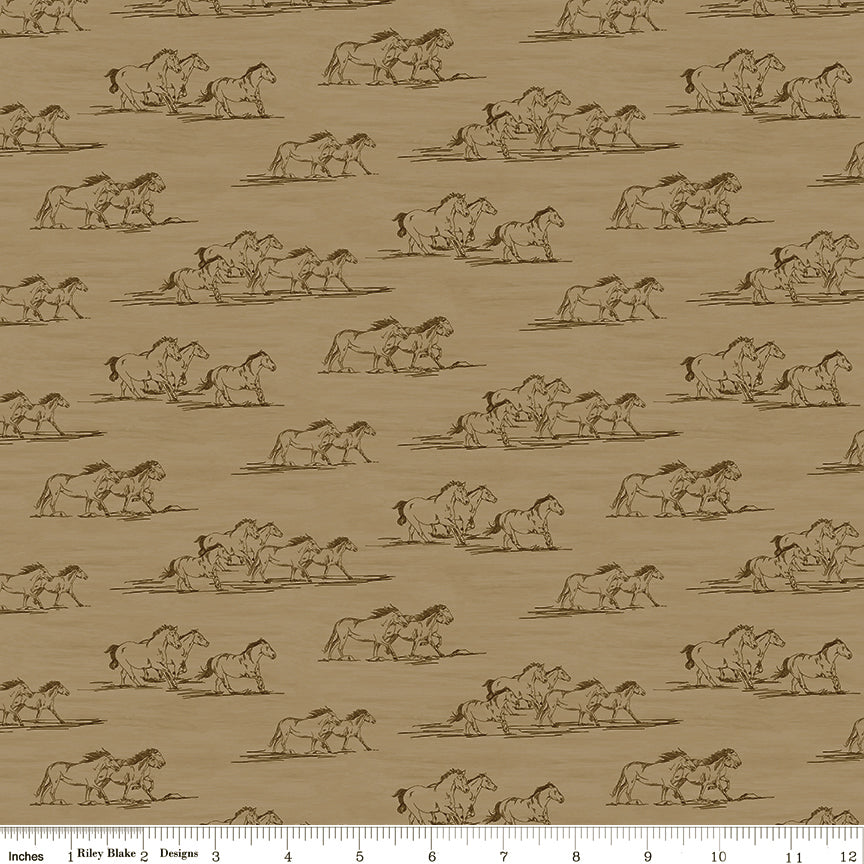 Horse Toile Tan fabric with brown line drawings of running horses on a sandy tan background with ruler for scale.