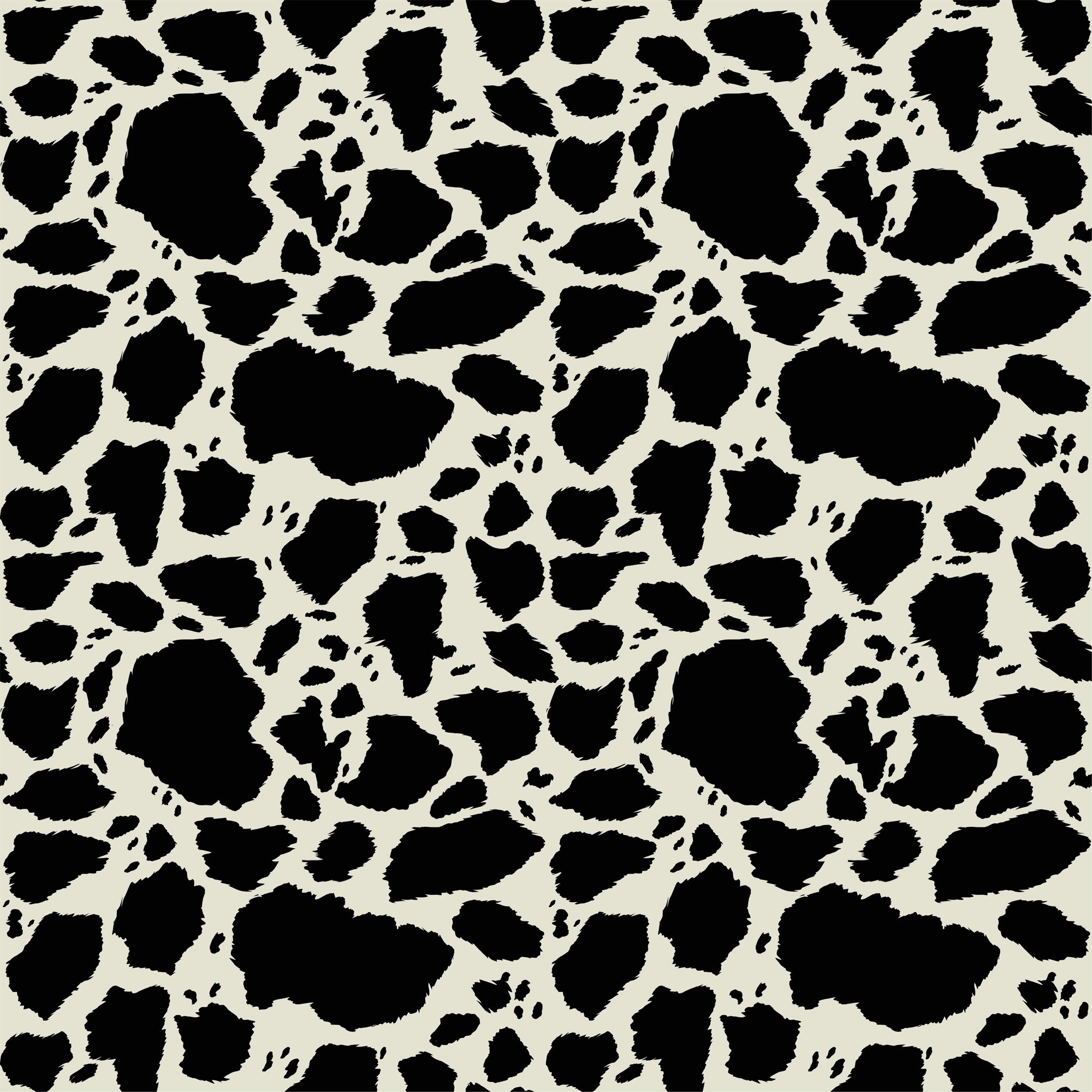 Cow Patches Black fabric with irregular black cowhide-style spots on a creamy off-white background.