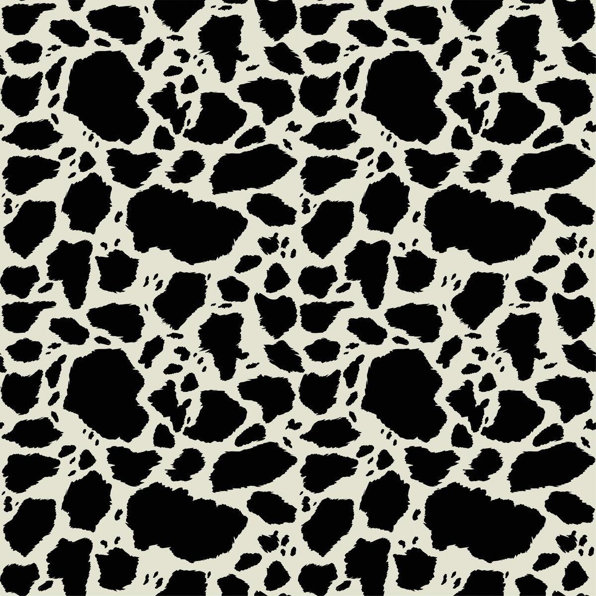 Cow Patches Black fabric with irregular black cowhide-style spots on a creamy off-white background.