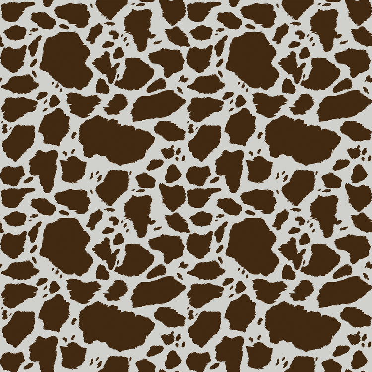 Cow Patches Brown fabric with chocolate brown cowhide-style markings on an off-white background.