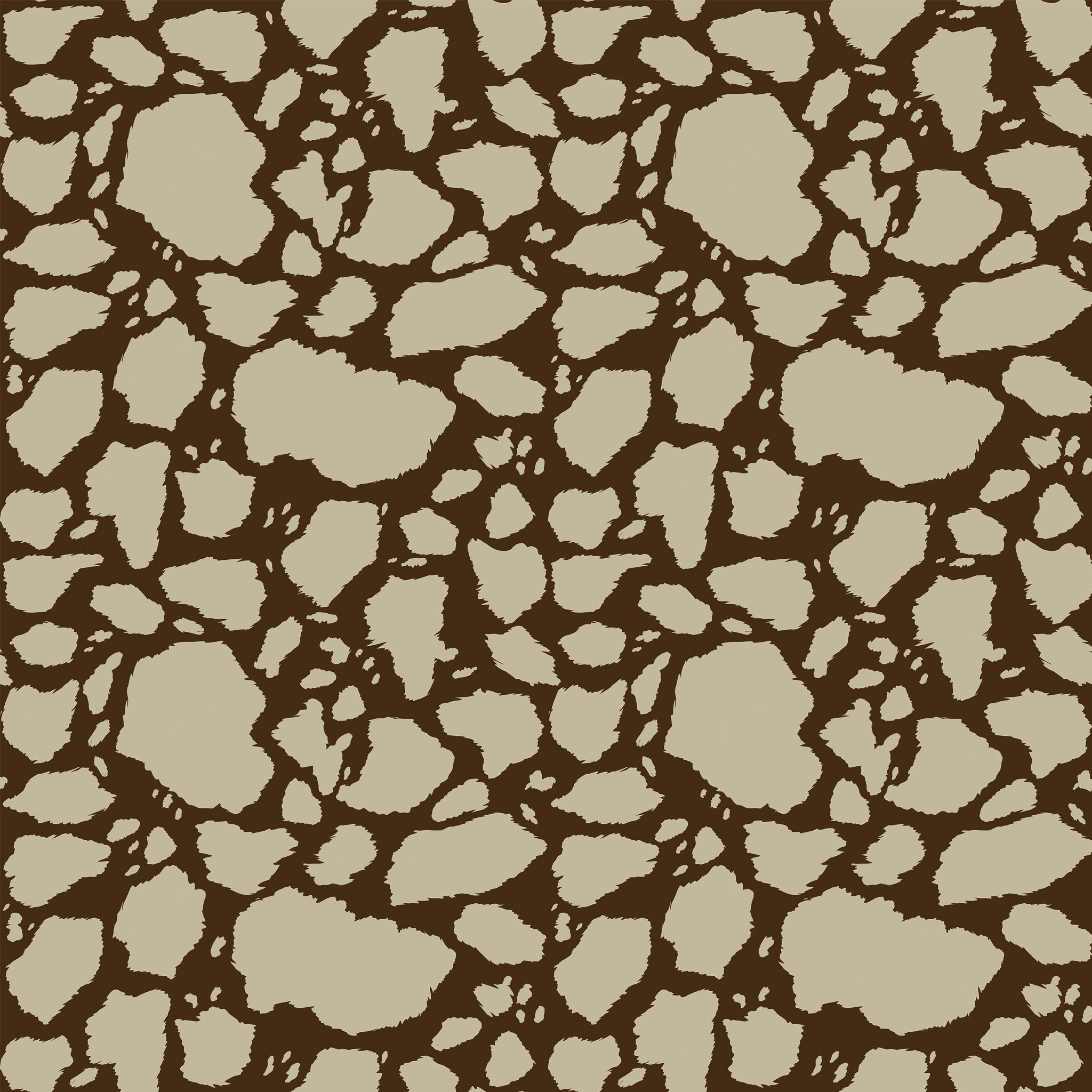 Cow Patches Tan fabric with sandy tan cowhide-style patches on a deep brown background.