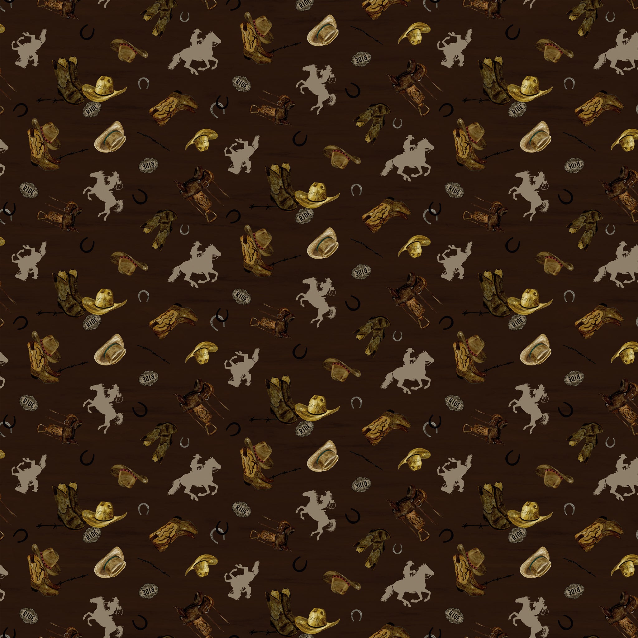 Icon Toss Brown fabric with cowboy hats, boots, saddles, horseshoes, and tan horseback riders on dark brown.