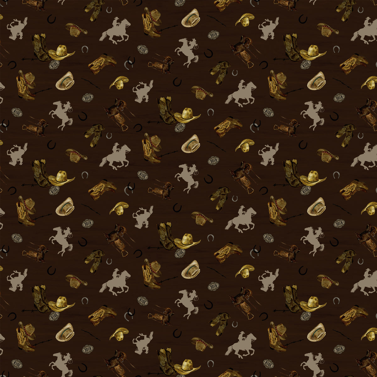 Icon Toss Brown fabric with cowboy hats, boots, saddles, horseshoes, and tan horseback riders on dark brown.