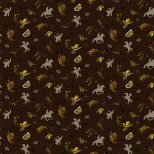 Icon Toss Brown fabric with cowboy hats, boots, saddles, horseshoes, and tan horseback riders on dark brown.