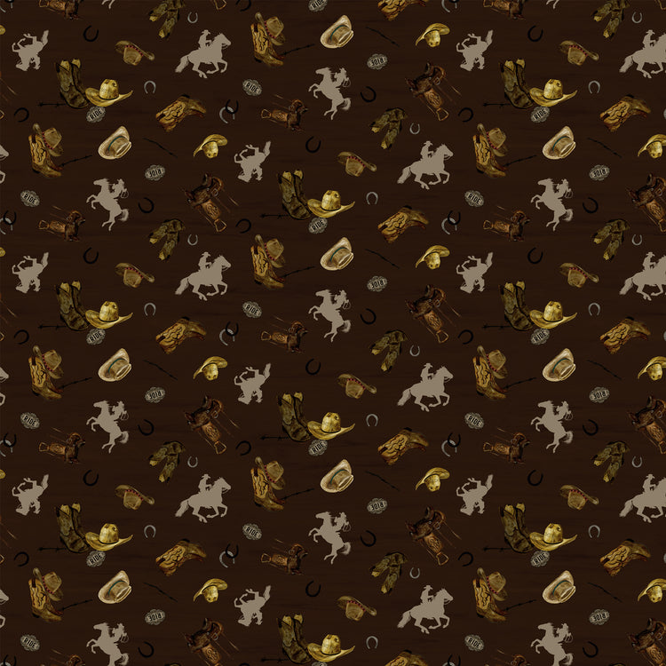 Icon Toss Brown fabric with cowboy hats, boots, saddles, horseshoes, and tan horseback riders on dark brown.