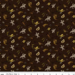 Icon Toss Brown fabric with cowboy hats, boots, saddles, horseshoes, and tan horseback riders on dark brown with ruler for scale.