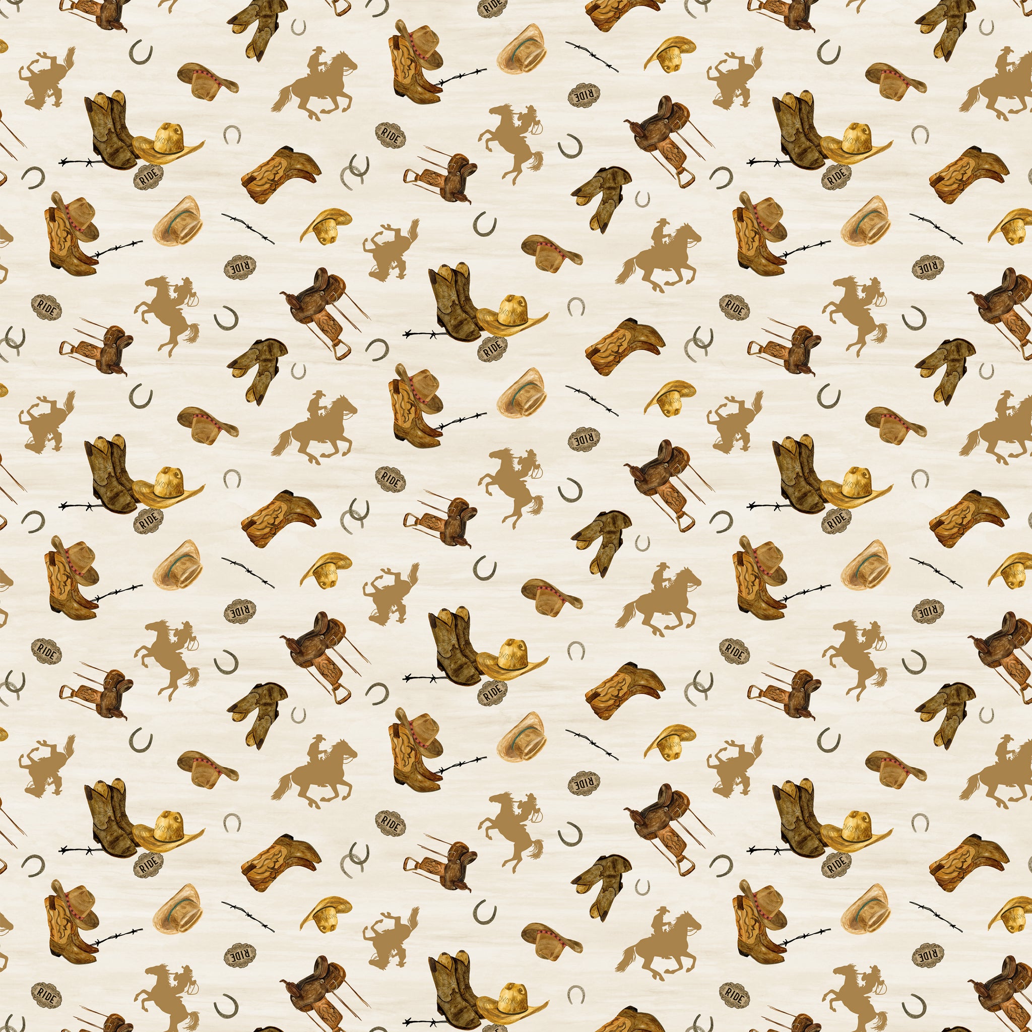 Icon Toss Cream fabric with boots, hats, saddles, horseshoes, and golden horseback riders on cream.