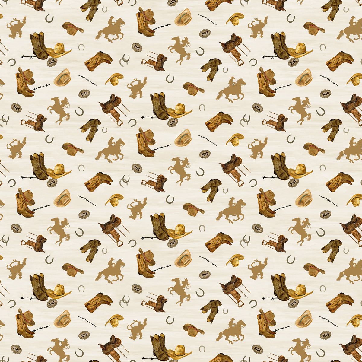 Icon Toss Cream fabric with boots, hats, saddles, horseshoes, and golden horseback riders on cream.