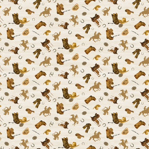 Icon Toss Cream fabric with boots, hats, saddles, horseshoes, and golden horseback riders on cream.
