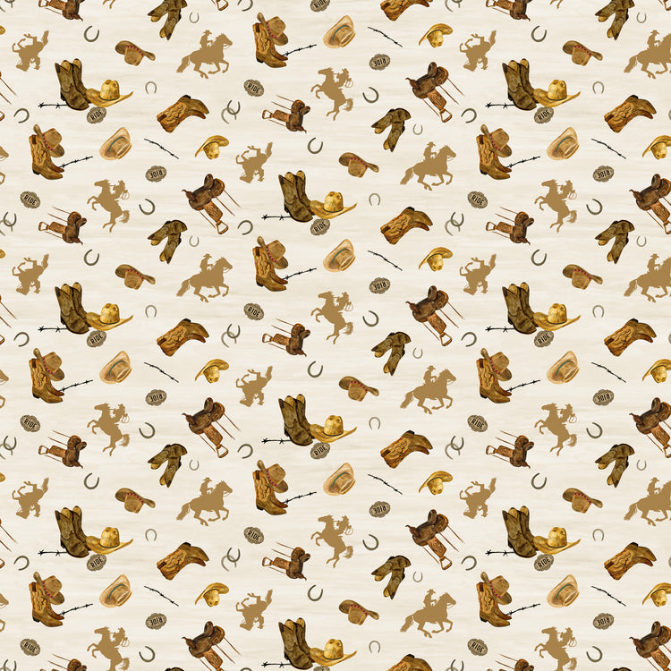 Icon Toss Cream fabric with boots, hats, saddles, horseshoes, and golden horseback riders on cream.