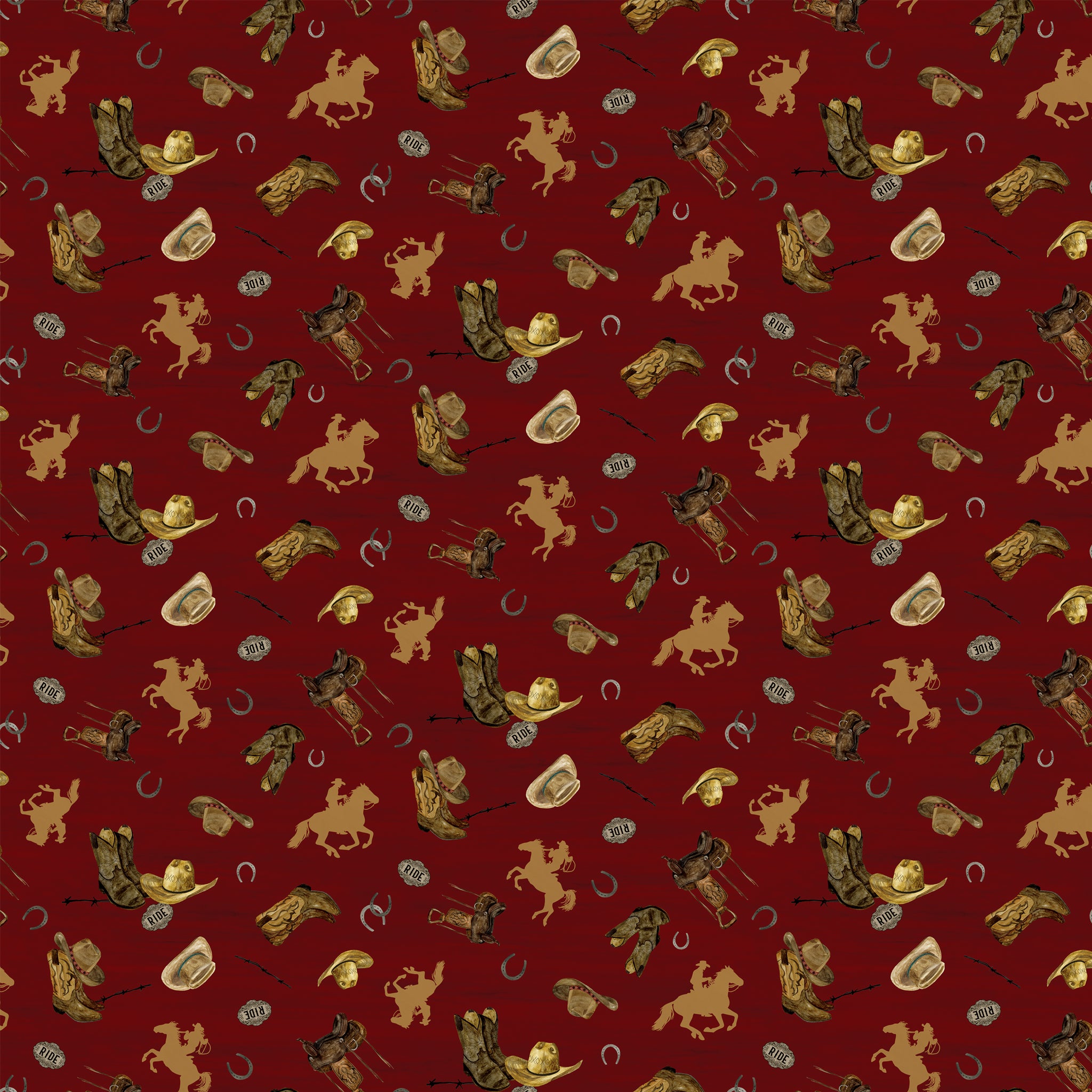 Icon Toss Red fabric with cowboy hats, boots, saddles, horseshoes, and golden horseback riders on deep red.