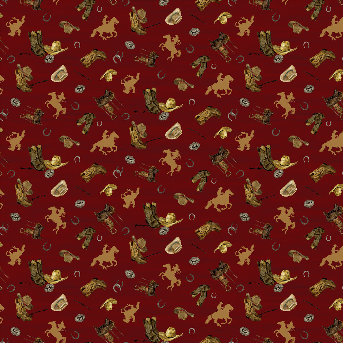 Icon Toss Red fabric with cowboy hats, boots, saddles, horseshoes, and golden horseback riders on deep red.