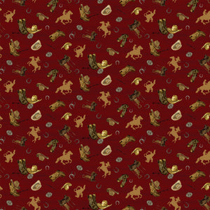Icon Toss Red fabric with cowboy hats, boots, saddles, horseshoes, and golden horseback riders on deep red.