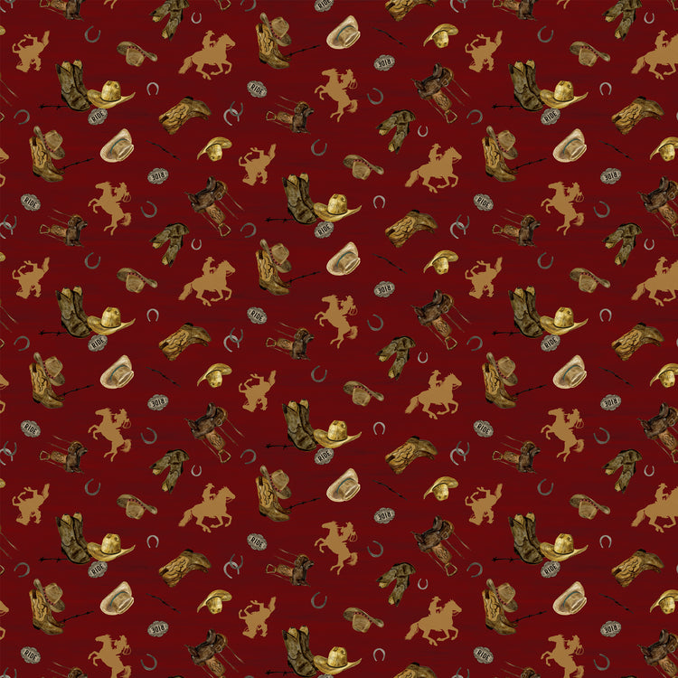 Icon Toss Red fabric with cowboy hats, boots, saddles, horseshoes, and golden horseback riders on deep red.