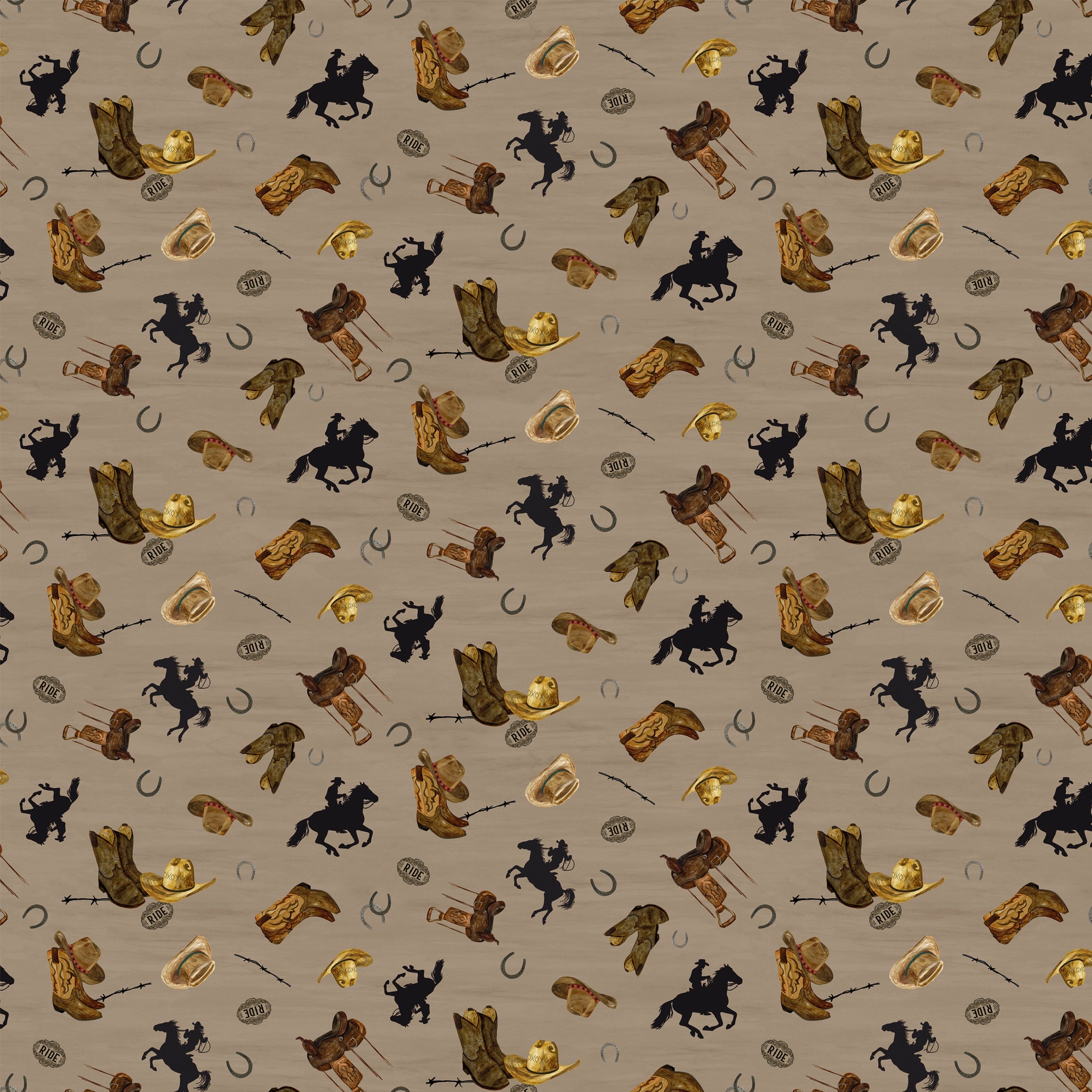 Icon Toss Tan fabric with brown boots, hats, saddles, horseshoes, and black horseback riders on tan.