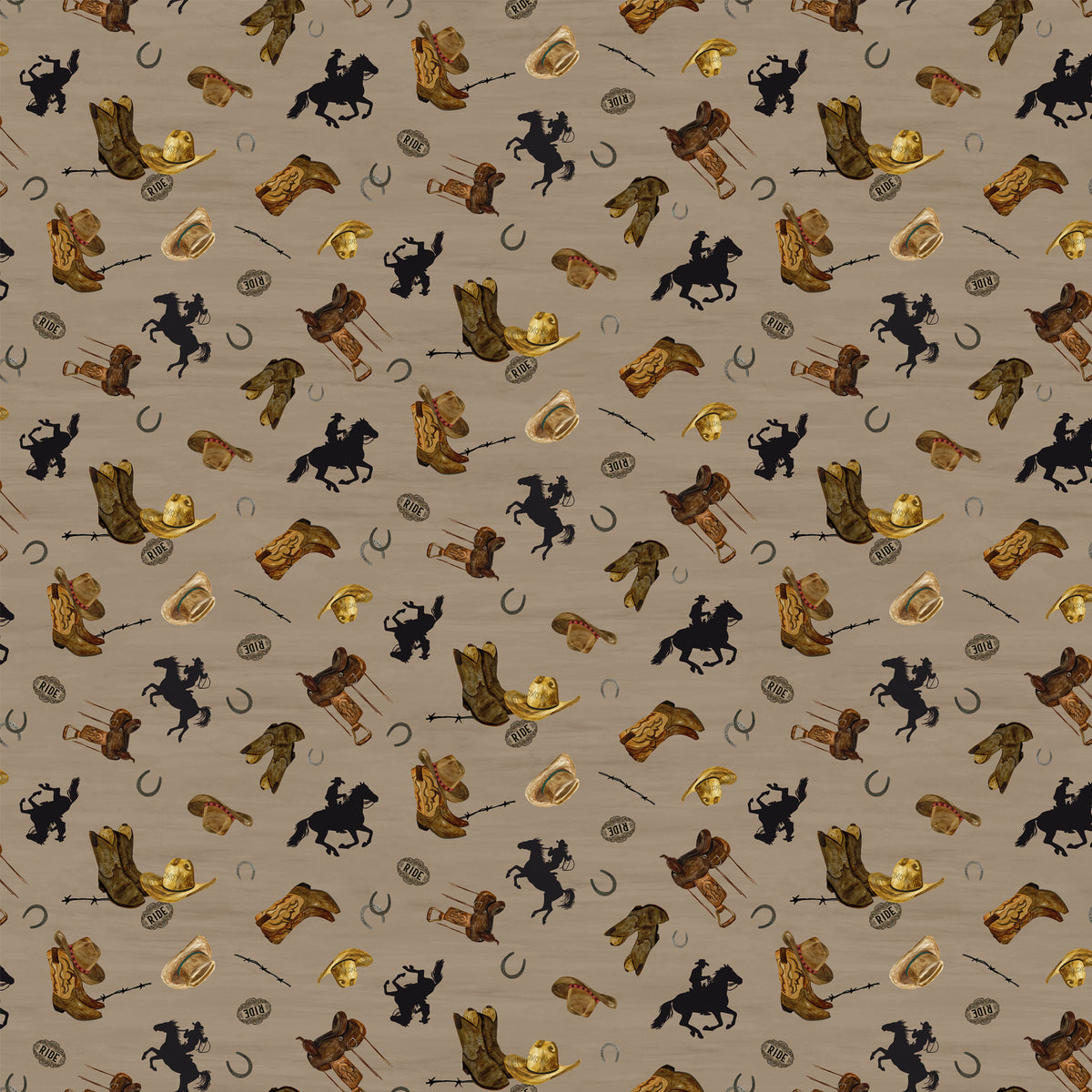 Icon Toss Tan fabric with brown boots, hats, saddles, horseshoes, and black horseback riders on tan.