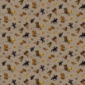Icon Toss Tan fabric with brown boots, hats, saddles, horseshoes, and black horseback riders on tan.