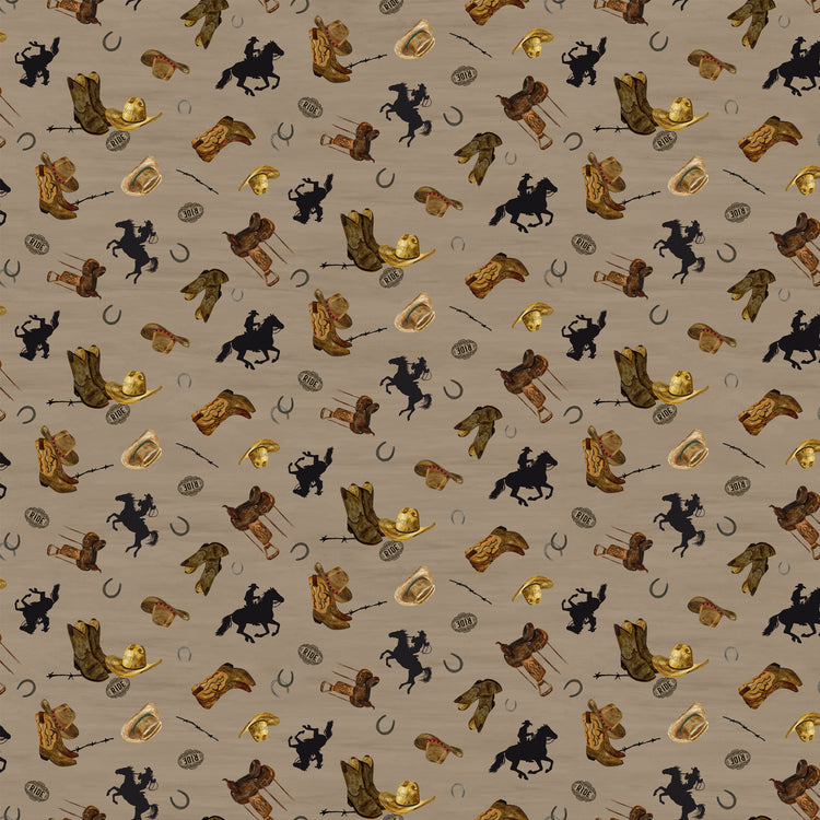 Icon Toss Tan fabric with brown boots, hats, saddles, horseshoes, and black horseback riders on tan.