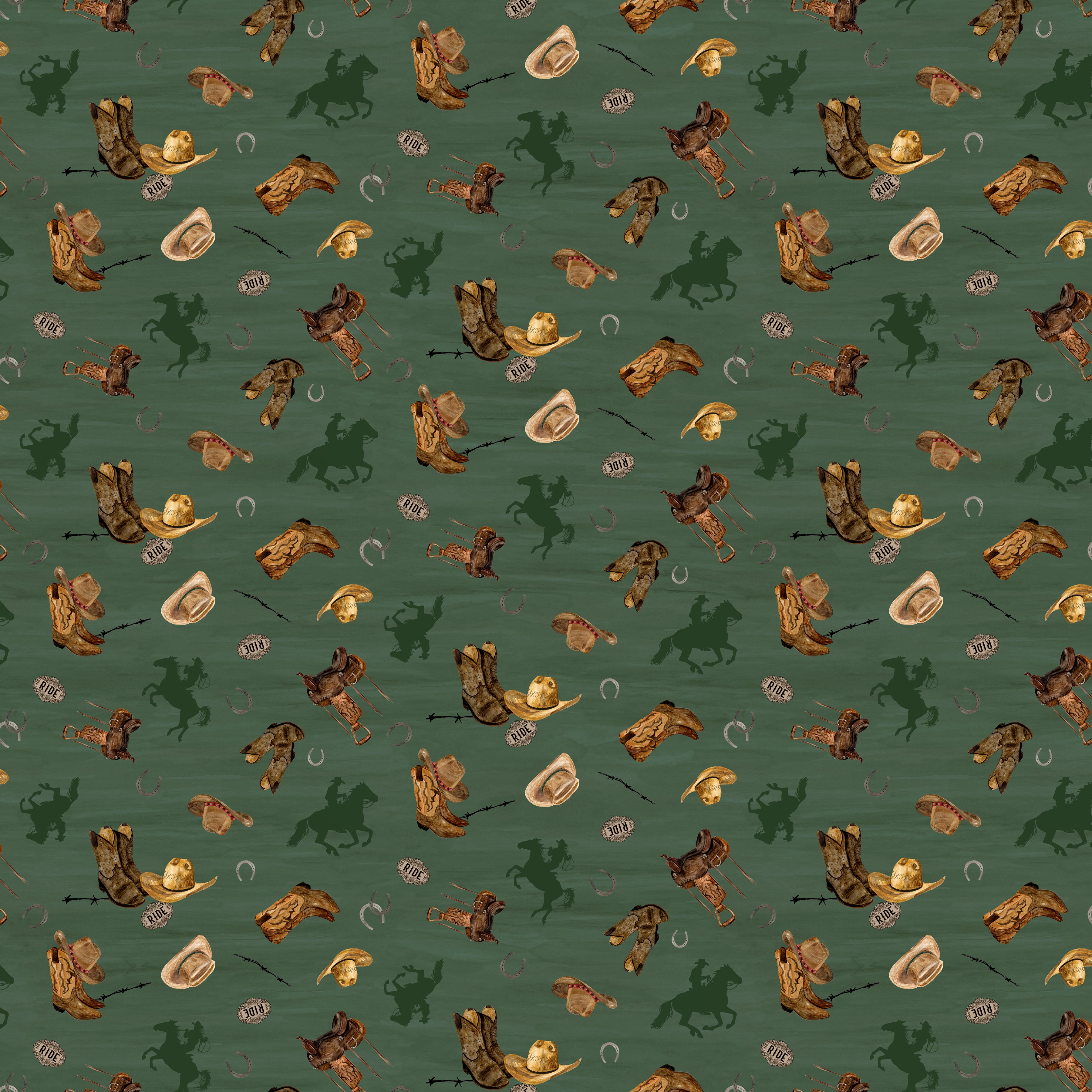 Icon Toss Teal fabric with cowboy boots, hats, saddles, horseshoes, and dark green horseback riders on muted teal.