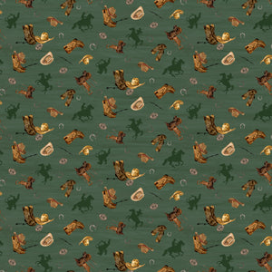 Icon Toss Teal fabric with cowboy boots, hats, saddles, horseshoes, and dark green horseback riders on muted teal.