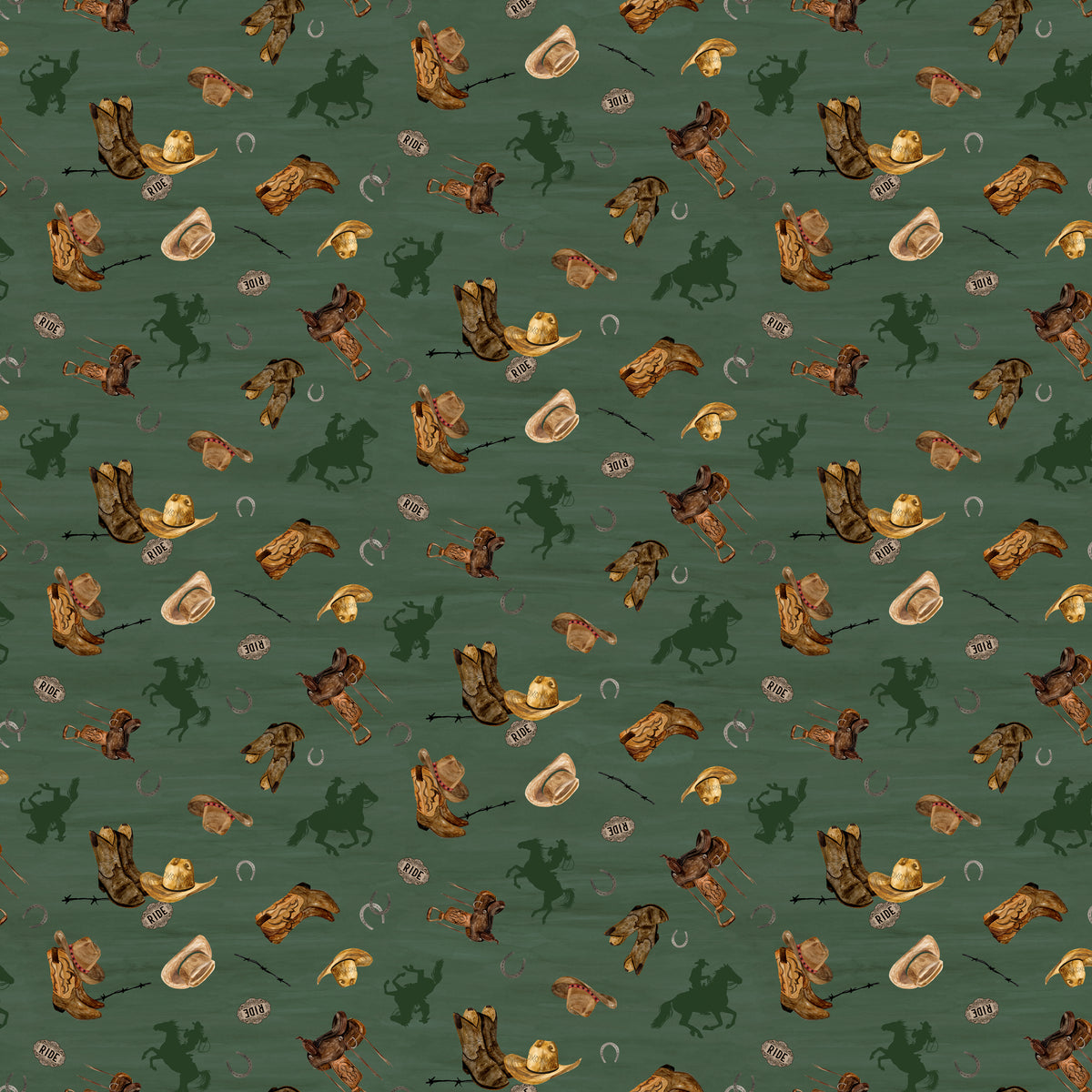 Icon Toss Teal fabric with cowboy boots, hats, saddles, horseshoes, and dark green horseback riders on muted teal.