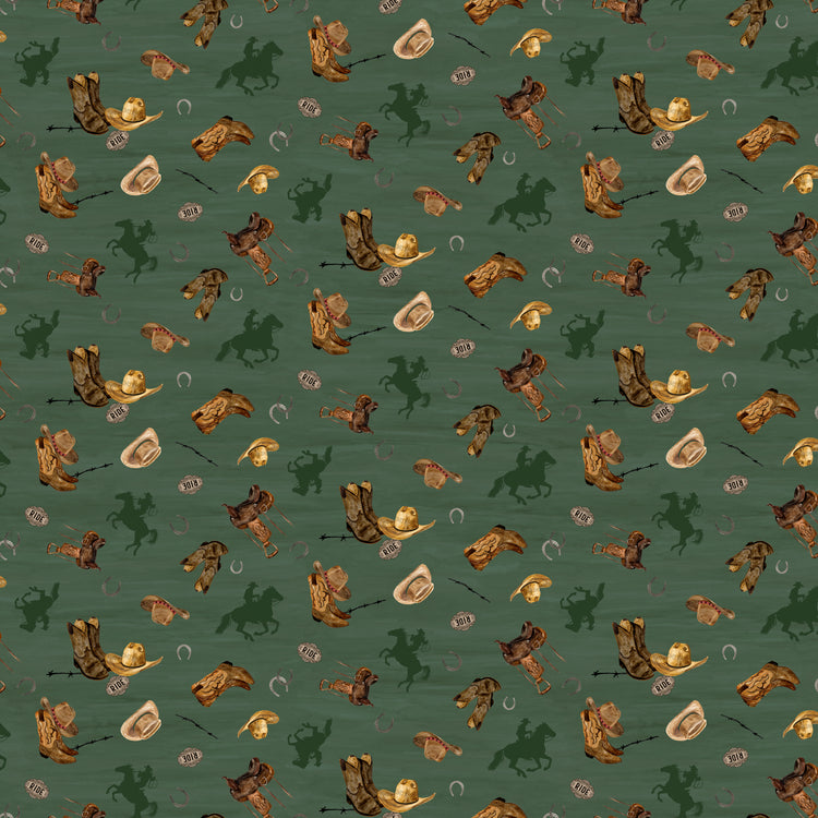 Icon Toss Teal fabric with cowboy boots, hats, saddles, horseshoes, and dark green horseback riders on muted teal.