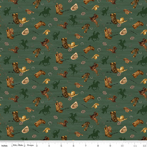Icon Toss Teal fabric with cowboy boots, hats, saddles, horseshoes, and dark green horseback riders on muted teal with ruler for scale.