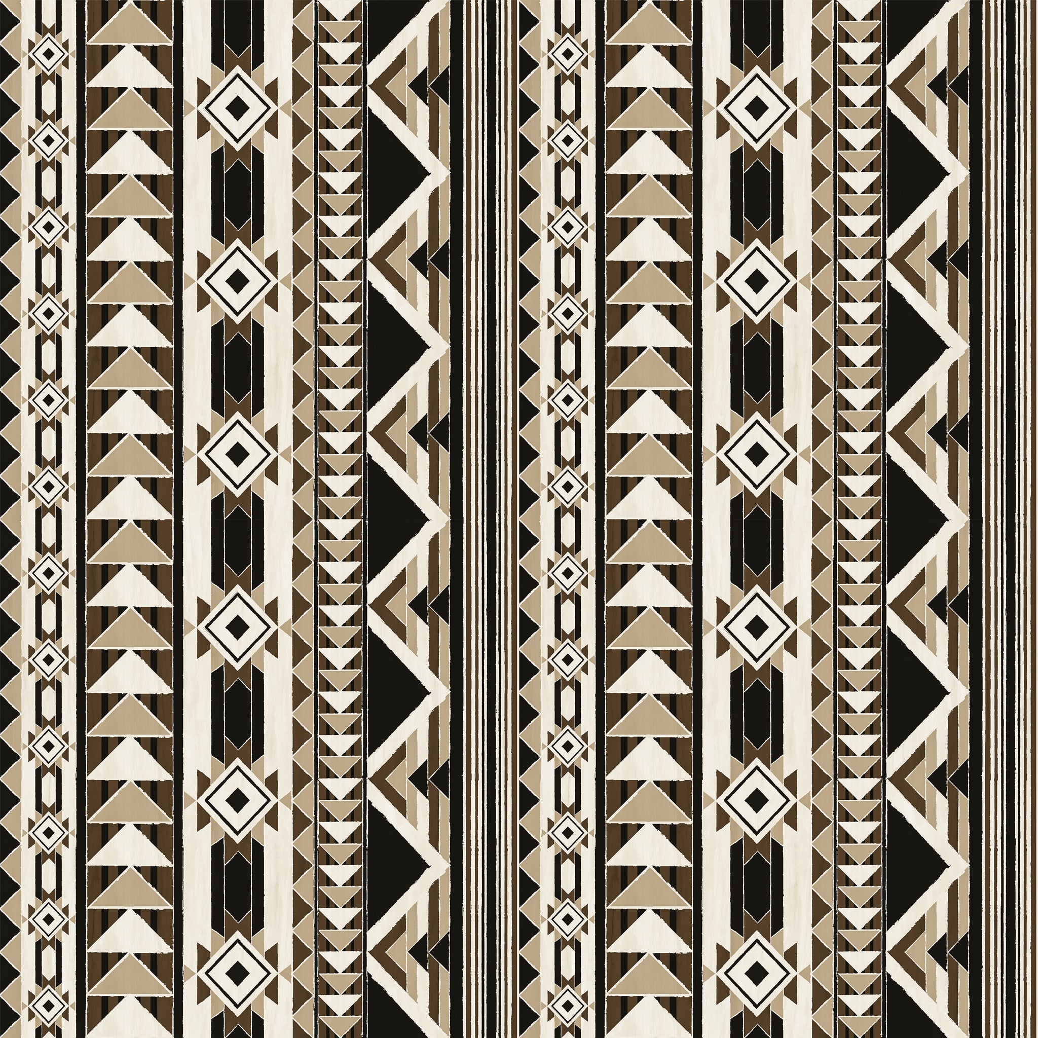 A repeating geometric pattern featuring vertical bands of triangles, diamonds, and stripes in black, beige, and white.