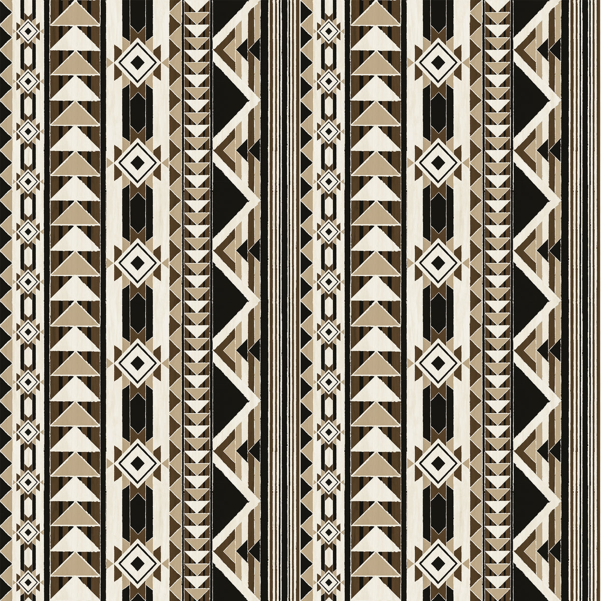 A repeating geometric pattern featuring vertical bands of triangles, diamonds, and stripes in black, beige, and white.