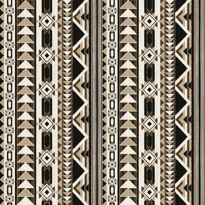 A repeating geometric pattern featuring vertical bands of triangles, diamonds, and stripes in black, beige, and white.
