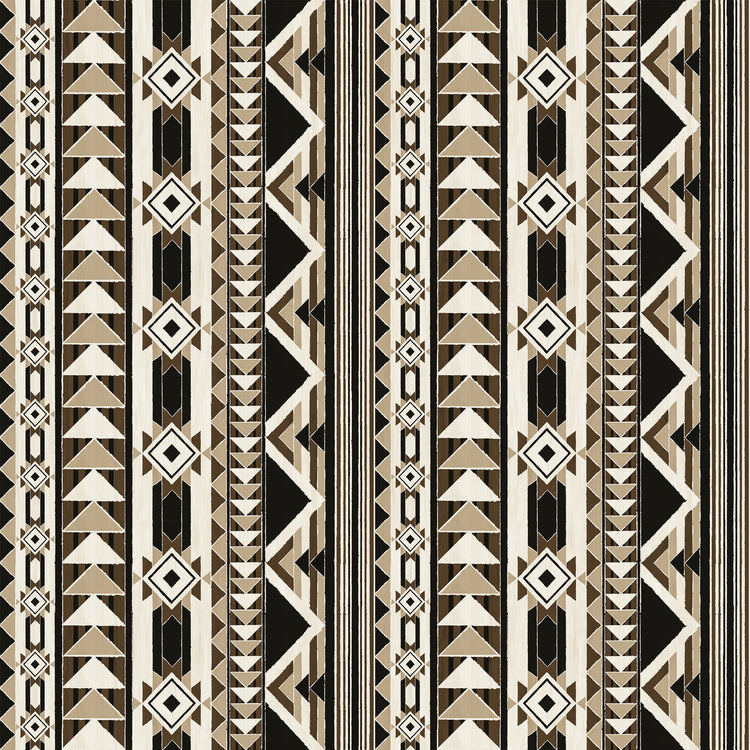 A repeating geometric pattern featuring vertical bands of triangles, diamonds, and stripes in black, beige, and white.