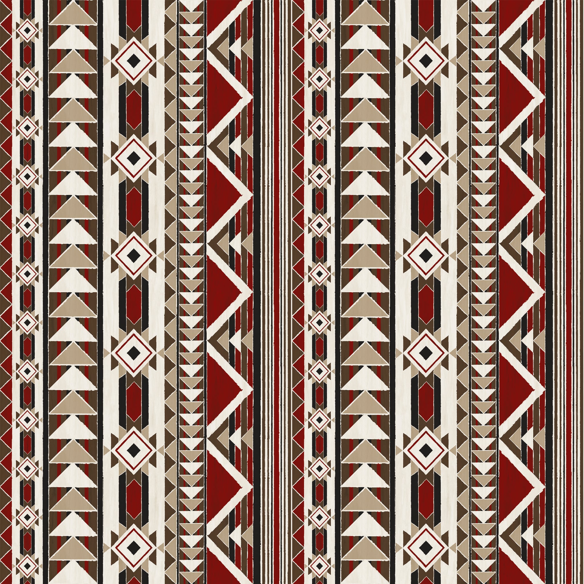 A repeating geometric pattern with vertical bands of triangles, diamonds, and zigzags in red, beige, brown, black, and off-white.