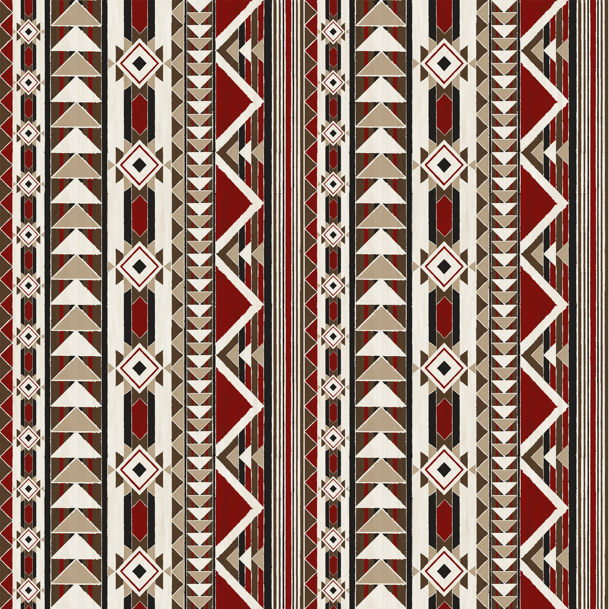A repeating geometric pattern with vertical bands of triangles, diamonds, and zigzags in red, beige, brown, black, and off-white.