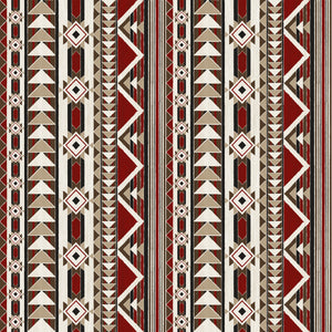A repeating geometric pattern with vertical bands of triangles, diamonds, and zigzags in red, beige, brown, black, and off-white.
