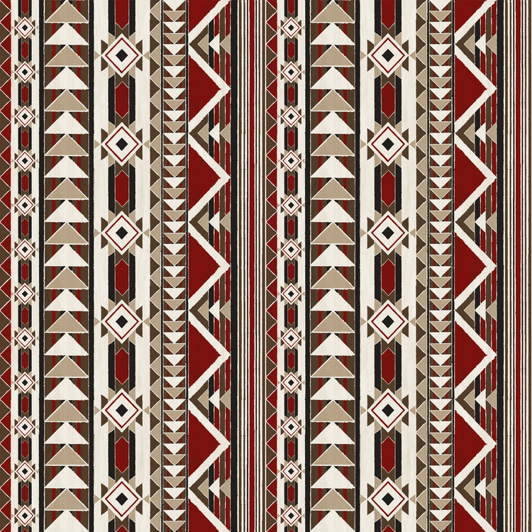 A repeating geometric pattern with vertical bands of triangles, diamonds, and zigzags in red, beige, brown, black, and off-white.