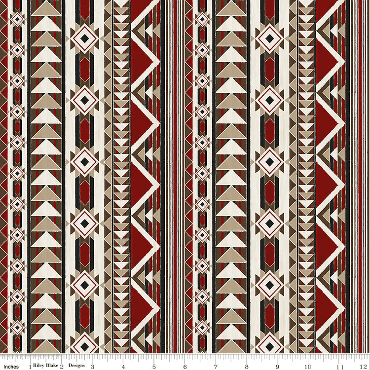 A repeating geometric pattern with vertical bands of triangles, diamonds, and zigzags in red, beige, brown, black, and off-white with ruler for scale.