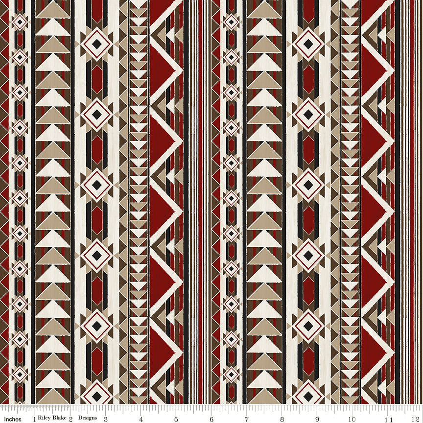 A repeating geometric pattern with vertical bands of triangles, diamonds, and zigzags in red, beige, brown, black, and off-white with ruler for scale.
