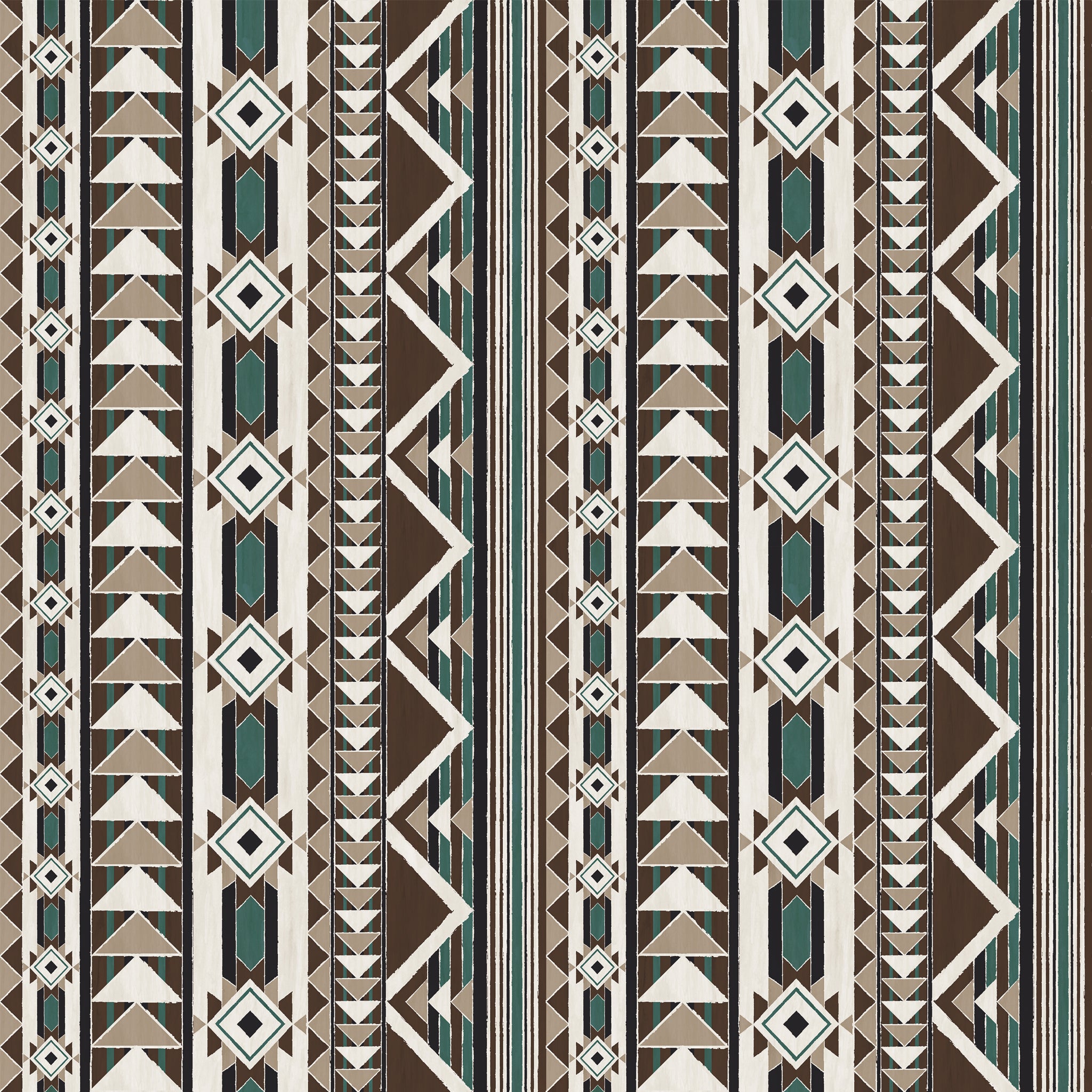 A repeating geometric pattern with vertical stripes featuring triangles, diamonds, and zigzags in brown, beige, white, and teal.