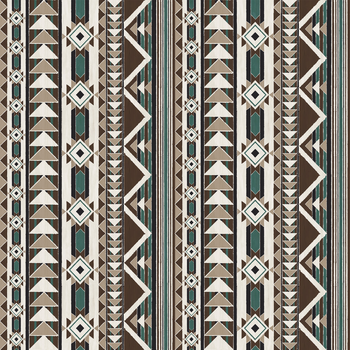 A repeating geometric pattern with vertical stripes featuring triangles, diamonds, and zigzags in brown, beige, white, and teal.