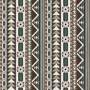 A repeating geometric pattern with vertical stripes featuring triangles, diamonds, and zigzags in brown, beige, white, and teal.