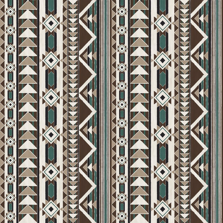 A repeating geometric pattern with vertical stripes featuring triangles, diamonds, and zigzags in brown, beige, white, and teal.