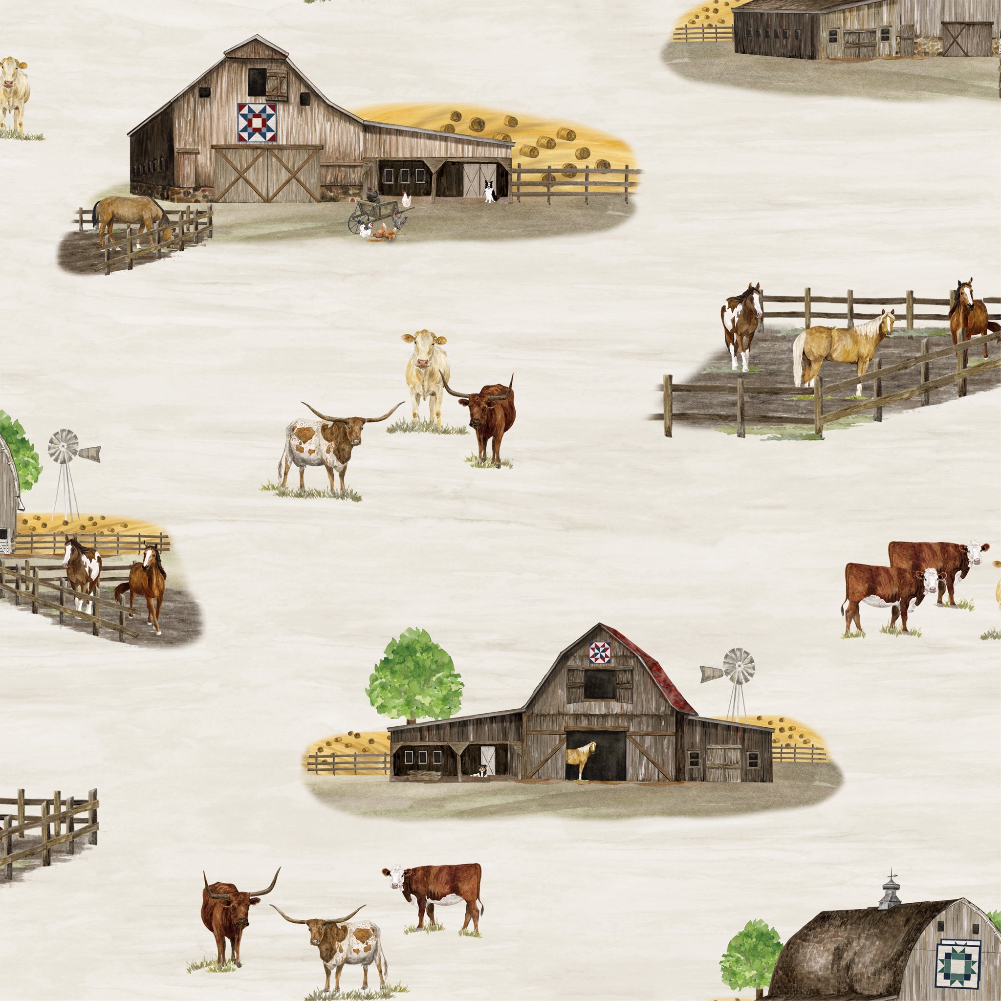 A repeating illustrated pattern of a rustic farm scene with barns, fences, cows, longhorns, windmills, hay bales, and a pale cream background.