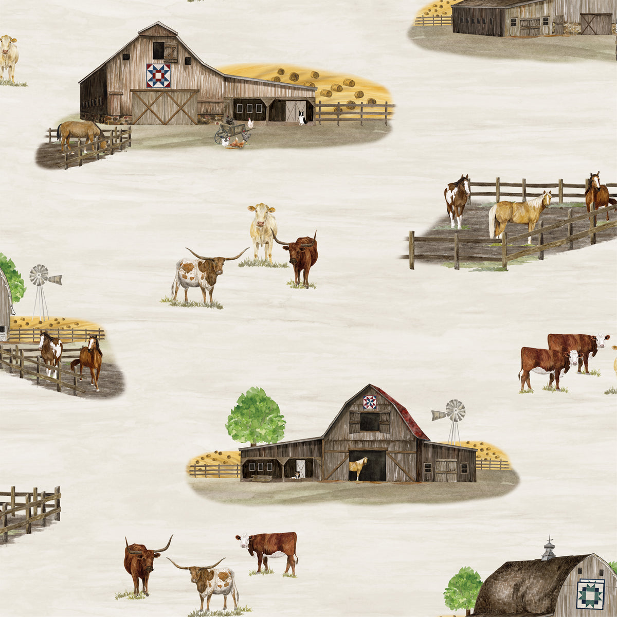 A repeating illustrated pattern of a rustic farm scene with barns, fences, cows, longhorns, windmills, hay bales, and a pale cream background.
