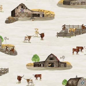A repeating illustrated pattern of a rustic farm scene with barns, fences, cows, longhorns, windmills, hay bales, and a pale cream background.
