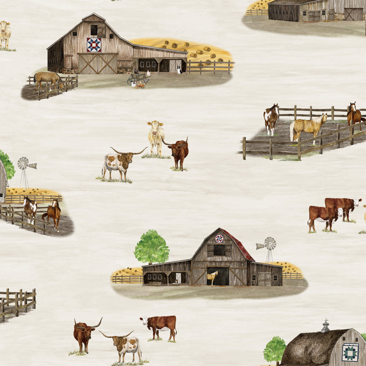 A repeating illustrated pattern of a rustic farm scene with barns, fences, cows, longhorns, windmills, hay bales, and a pale cream background.