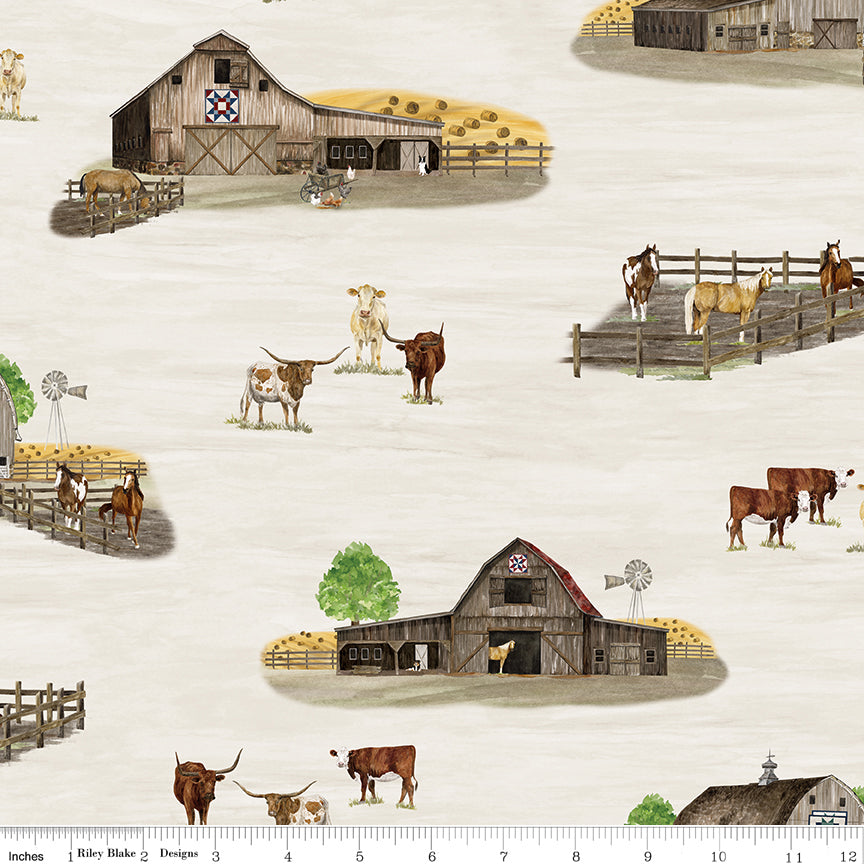 A repeating illustrated pattern of a rustic farm scene with barns, fences, cows, longhorns, windmills, hay bales, and a pale cream background with ruler for scale.