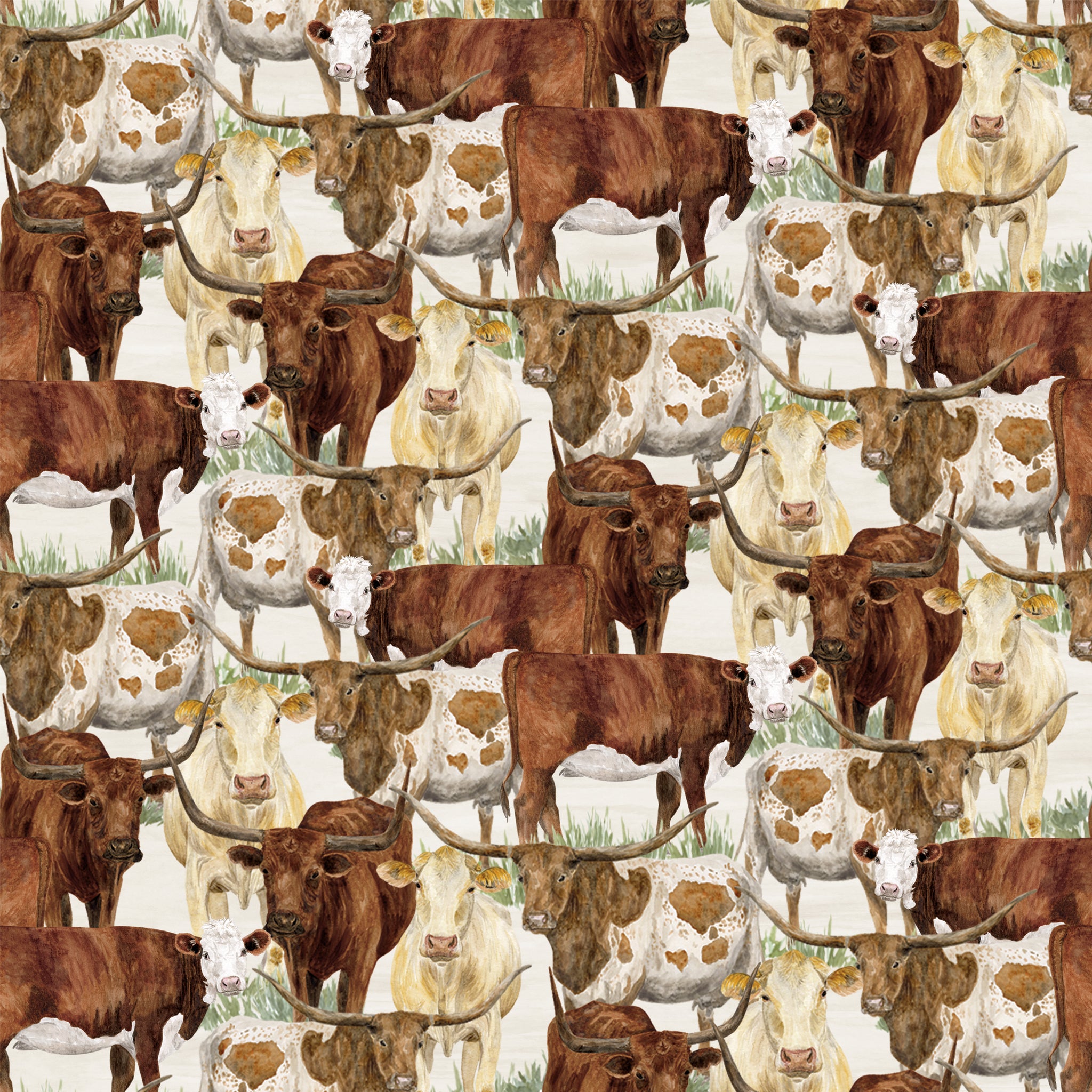 A repeating pattern of watercolor-style longhorn cattle in brown, cream, and white tones on a light background.