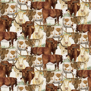 A repeating pattern of watercolor-style longhorn cattle in brown, cream, and white tones on a light background.